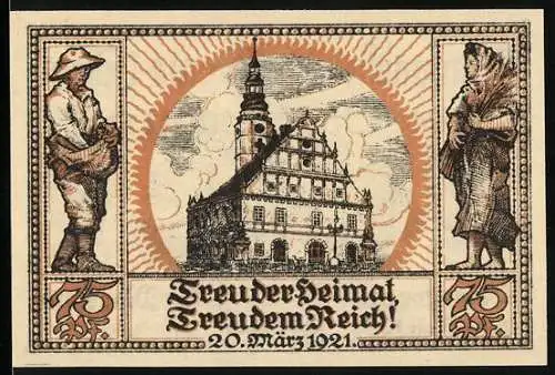 Notgeld Oberglogau 1921, 75 Pfennig, Gebäude mit Menschen und Wappen
