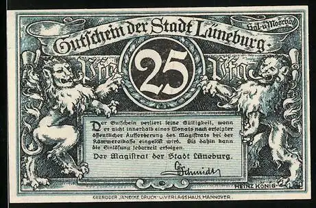 Notgeld Lüneburg, 1921, 25 Pfennig, Stadtwappen mit Löwen und Stadtansicht mit Brunnen