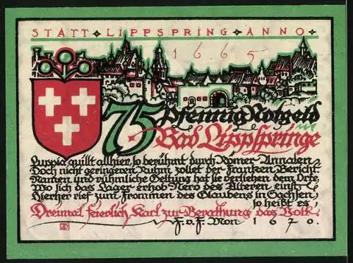 Notgeld Bad Lippspringe, 1921, 75 Pfennig, Darstellung der Sachsenstaufe und Stadtansicht 1665