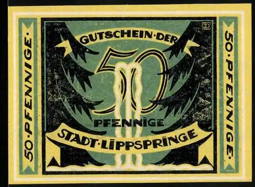 Notgeld Bad Lippspringe, 1921, 50 Pfennig, grüne Bäume und Figuren in Wasserlandschaft