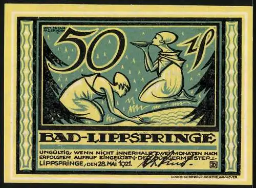 Notgeld Bad Lippspringe, 1921, 50 Pfennig, grüne Bäume und Figuren in Wasserlandschaft