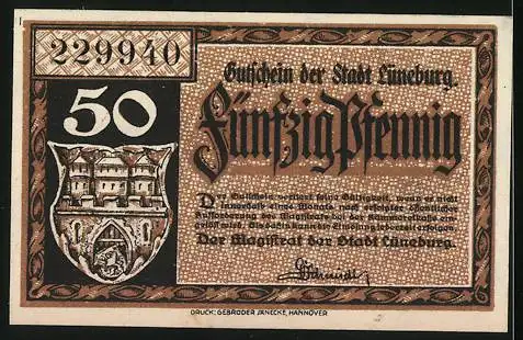 Notgeld Lüneburg, 1921, 50 Pfennig, Das Rathaus und Stadtwappen