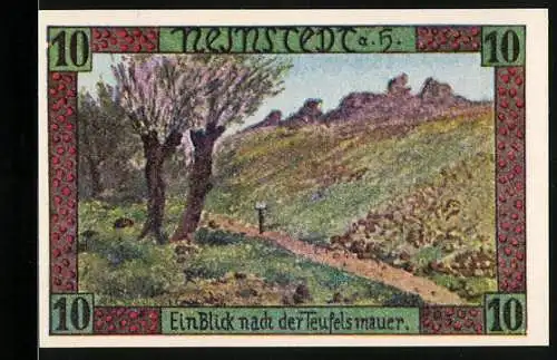 Notgeld Neinstedt, 1921, 10 Pfennig, Ein Blick nach der Teufelsmauer, Dreifarbendruck von Oscar Grupe, Quedlinburg