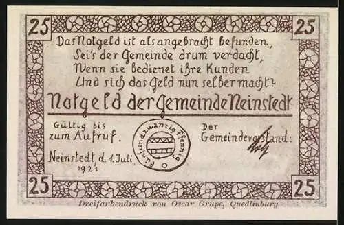 Notgeld Neinstedt, 1921, 25 Pfennig, Am Bodewehr, Dreifarbendruck von Oscar Grape Quedlinburg