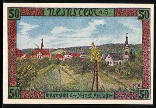 Notgeld Neinstedt, 1921, 50 Pfennig, Teilansicht der Anstalten und Gültigkeit bis zum Aufruf
