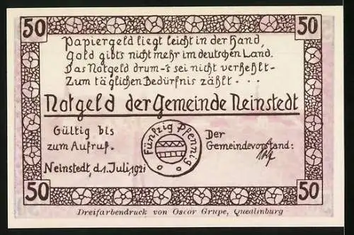 Notgeld Neinstedt, 1921, 50 Pfennig, Teilansicht der Anstalten und Gültigkeit bis zum Aufruf