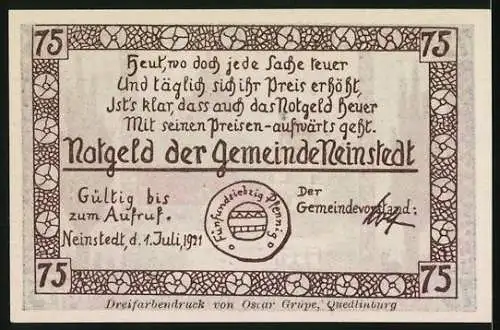 Notgeld Neinstedt, 1921, 75 Pfennig, Am Kirchenbrunnen, Gültig bis zum Aufruf