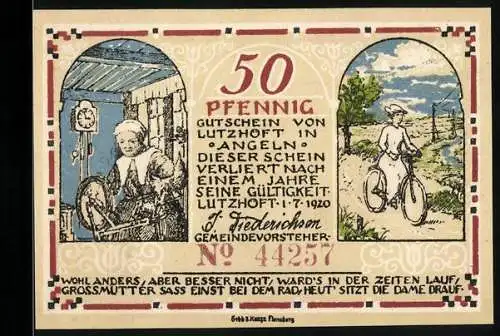 Notgeld Lutzhoeft, 1920, 50 Pfennig, Frau am Spinnrad und Dame auf Fahrrad, Kühe an der Grenze