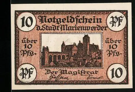 Notgeld Marienwerder, 10 Pfennig, Burgansicht mit Schrift Der Magistrat