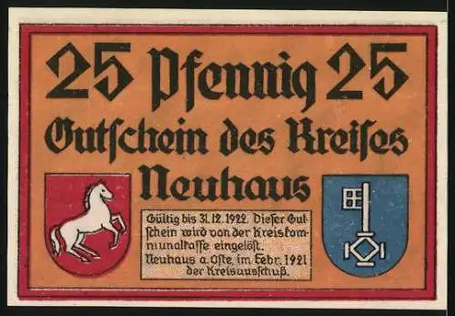 Notgeld Neuhaus, 1921, 25 Pfennig, Arm oder riet - dat is gliekt awers - in de Welt brutt man jümmer Veld