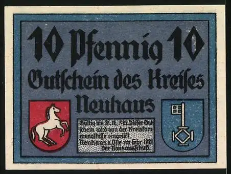 Notgeld Neuhaus, 1921, 10 Pfennig, liggen Geld und fneden Brot sind ot bald all