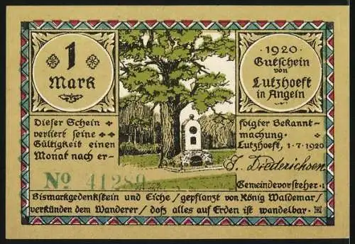 Notgeld Lutzhoeft / Angeln, 1920, 1 Mark, Bismarckgedenkstein und Eiche / Karte der Region und Menschen mit Trachten