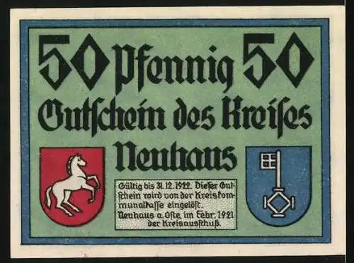 Notgeld Neuhaus, 1921, 50 Pfennig, Gutschein des Kreises mit Windmühle und Wappen