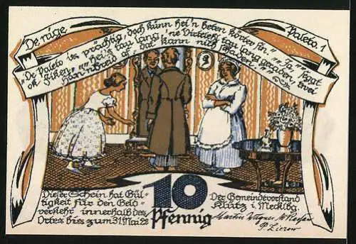 Notgeld Klütz, 1921, 10 Pfennig, Eule mit Landschaft, Rückseite Szene mit Menschen und Text
