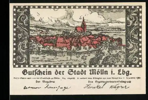 Notgeld Mölln i. Lbg, 1921, 50 Pfennig, Stadtansicht und Till Eulenspiegel