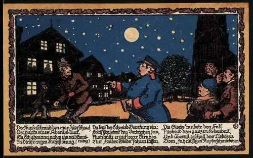 Notgeld Oelde 1921, 5 Mark, Nachtwächter mit Laterne und Stadtwappen