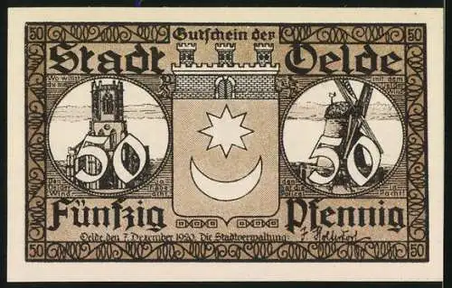 Notgeld Oelde 1920, 50 Pfennig, Stadtansicht mit Mühle und Turm, traditionelle Tanzszene