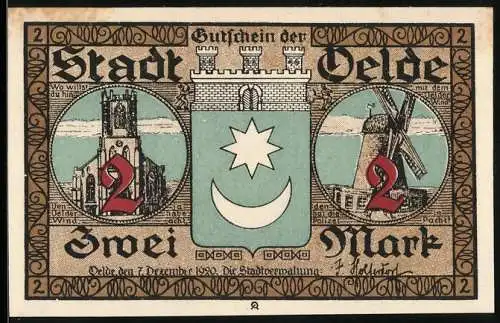 Notgeld Oelde 1920, Zwei Mark, Stadtansicht mit Kirche und Windmühle, tanzende Menschen auf Rückseite