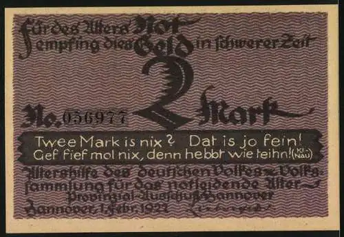 Notgeld Hannover, 1922, 2 Mark, Dichterserie No. 5, Gebr. Jänecke, Hannover, Nr. 056977