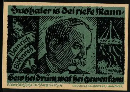 Notgeld Hannover, 1922, 3 Mark, Heinrich Sohnrey und Kohne, Altersfürsorge, Hannoveransichten