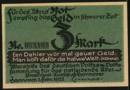 Notgeld Hannover, 1922, 3 Mark, Heinrich Sohnrey und Kohne, Altersfürsorge, Hannoveransichten