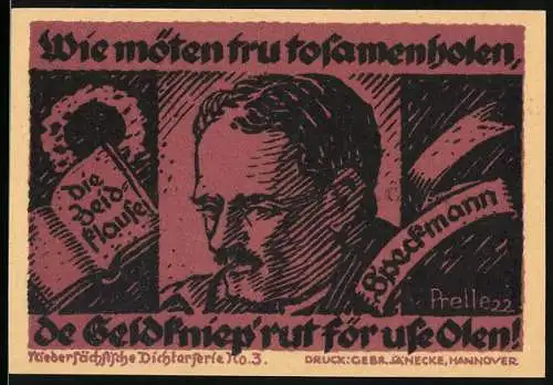 Notgeld Hannover 1922, 5 Mark, Niedersächsische Dichterserie Nr. 3, Ulkige Texte und Dichterporträt