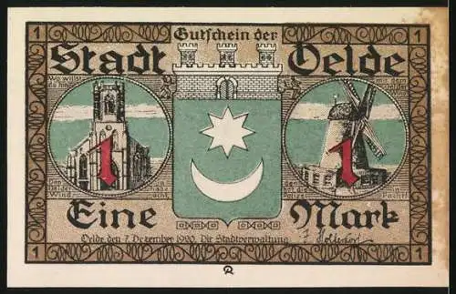 Notgeld Oelde 1920, 1 Mark, Tanzende Kinder um Mühlenkranz und Stadtwappen mit Kirche und Windmühle