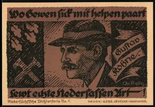 Notgeld Hannover, 1922, 20 Mark, Niedersächsische Dichterserie No.1, Bild von Gustav Kohne und Spruch