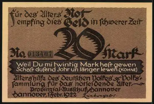 Notgeld Hannover, 1922, 20 Mark, Niedersächsische Dichterserie No.1, Bild von Gustav Kohne und Spruch