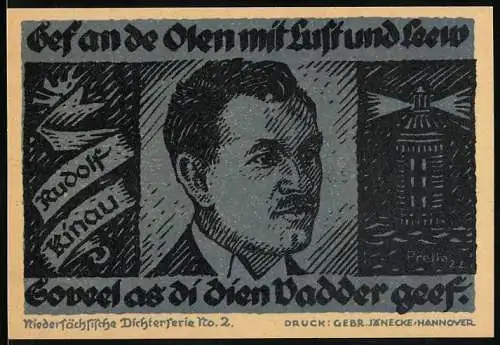 Notgeld Hannover, 1922, 10 Mark, Niedersächsische Dichterserie No. 2, Druck: Gebr. Jänecke Hannover, Porträt