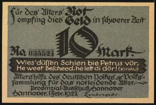 Notgeld Hannover, 1922, 10 Mark, Niedersächsische Dichterserie No. 2, Druck: Gebr. Jänecke Hannover, Porträt