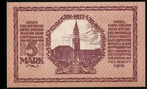 Notgeld Kiel, 1918, 5 Mark, Stadtansicht mit Turm und Unterschriften, Ausgabe vom 15. Oktober 1918, Nummer 381010