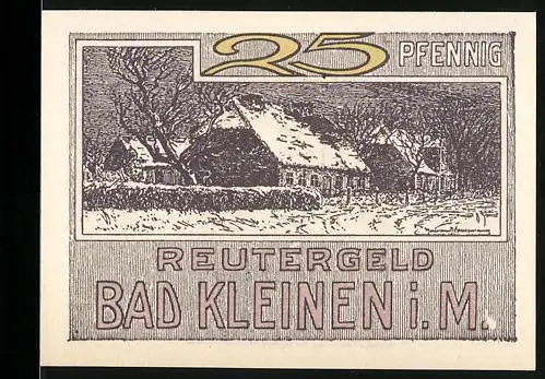 Notgeld Bad Kleinen i. M., 1922, 25 Pfennig, Reutergeld mit Winterlandschaft und Gedicht