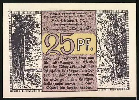 Notgeld Bad Kleinen i. M., 1922, 25 Pfennig, Reutergeld mit Winterlandschaft und Gedicht