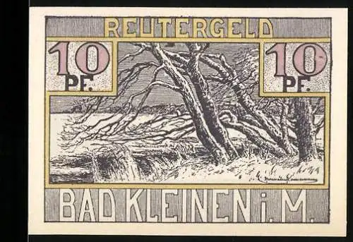 Notgeld Bad Kleinen i. M., 10 Pfennig, Landschaft und segelndes Boot auf See