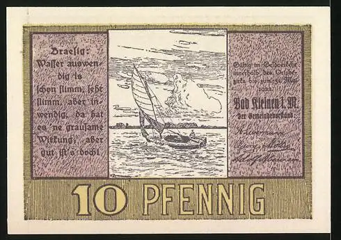 Notgeld Bad Kleinen i. M., 10 Pfennig, Landschaft und segelndes Boot auf See