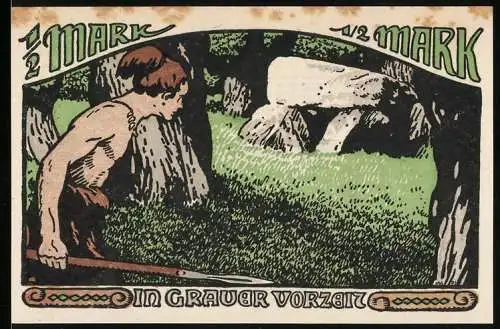 Notgeld Stuttgart 1921, 50 Pfennig, Hilfsschein des Vereins Naturschutzpark mit prähistorischem Motiv