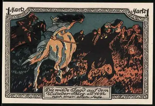 Notgeld Stuttgart, 1921, 1 Mark, Die wilde Jagd auf dem Wietzendorfer Berg, Erhaltet dem deutschen Volk den Heidepark