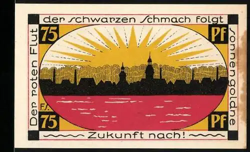 Notgeld Schmölln, 1921, 75 Pf, Stadtansicht mit Sonnenaufgang und Mutter mit Kind auf Thron