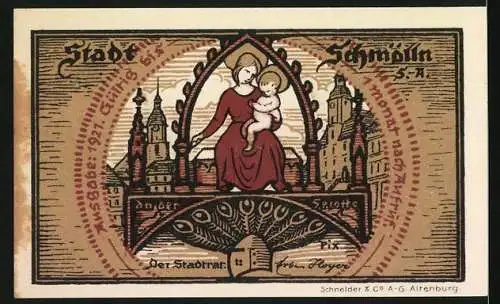 Notgeld Schmölln, 1921, 75 Pf, Stadtansicht mit Sonnenaufgang und Mutter mit Kind auf Thron