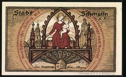 Notgeld Schmölln, 1921, 20 Pf, Zwei Personen mit Akkordeon und Pfeife, Rückseite Mutter mit Kind und Stadtansicht