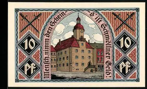 Notgeld Schmölln, 1921, 10 Pfennig, Rathausabbildung und Mutter mit Kind, Stadtansicht im Hintergrund