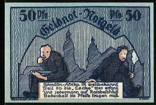 Notgeld Schmölln 1921, 50 Pfennig, Illustration von zwei Männern und Stadtwappen, gültig bis 1 Monat nach Aufruf