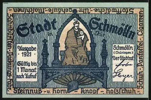 Notgeld Schmölln 1921, 50 Pfennig, Illustration von zwei Männern und Stadtwappen, gültig bis 1 Monat nach Aufruf