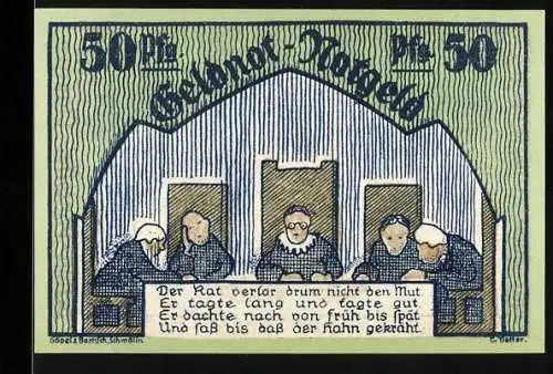 Notgeld Schmölln, 1921, 50 Pfennig, Ratssitzung und Mutter mit Kind, Ausgabe bis 1 Monat nach Aufruf