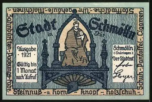 Notgeld Schmölln, 1921, 50 Pfennig, Ratssitzung und Mutter mit Kind, Ausgabe bis 1 Monat nach Aufruf