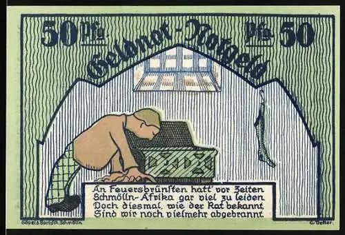 Notgeld Schmölln 1921, 50 Pfennig, Mann an Wasserbrunnen und Stadtwappen auf Rückseite