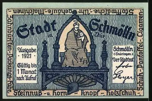 Notgeld Schmölln 1921, 50 Pfennig, Mann an Wasserbrunnen und Stadtwappen auf Rückseite