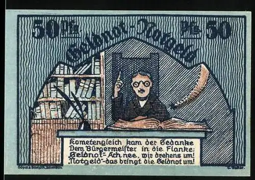 Notgeld Schmölln, 1921, 50 Pfennig, Bürgermeister mit Buch und Schriftrolle, Stadtwappen mit Mutter und Kind