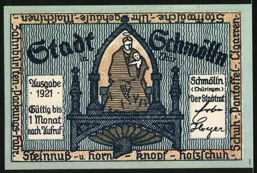 Notgeld Schmölln, 1921, 50 Pfennig, Bürgermeister mit Buch und Schriftrolle, Stadtwappen mit Mutter und Kind